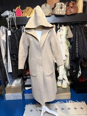Hooded Long Wool Waffle Knit Coat in Beige